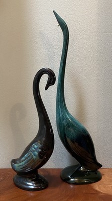 Vintage Set Of 2 Egret Swan Crane Turquoise & Brown Glaze Pottery Ceramic Birds