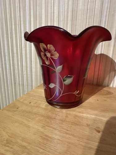 Fenton 100th Anniversary Founder's ruby stretch glass flip vase Hand Painted