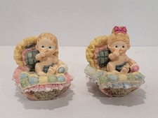 Vintage Resin Baby In Baskets Bassinets Figurine Set - Pink Cradle, Blue Cradle