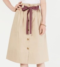 NWT TOMMY HILFIGER BEIGE COTTON FRONT BUTTONS BELTED COTTON SKIRT SIZE US 8