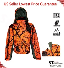 Orange Camo Men's Hunting Jacket Winter Blazer Lined Hiking Coat Hood Removable 