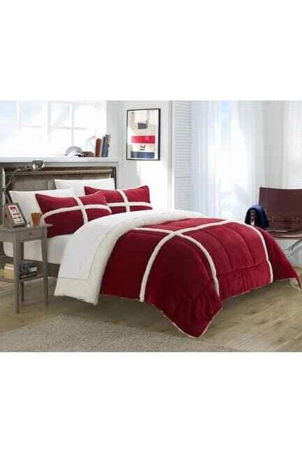 $182 CHIC HOME Bedding Comforter Set Camille Box Queen Shearling Lined Red Set - Image 3 of 4