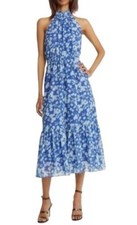 Chelsea28 Midi Dress Size XL Blue Floral Halter Open Back & Ruffle Hem NWOT