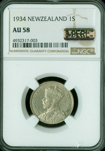 1934 NEW ZEALAND SHILLING NGC AU58 MAC 8-PERL 1ST STRIKE GRADE *