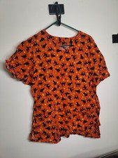 Handmade Large Women's Scrub Top Halloween Black Cat Stars Orange