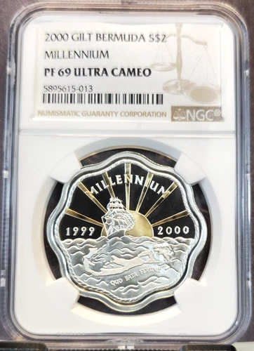 2000 BERMUDA SILVER 2 DOLLARS MILLENNIUM NGC PF 69 ULTRA CAMEO RARE TOP POP