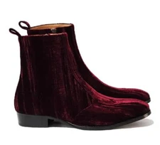 Mens Wine Red Pointed Toe Ankle Boots Chelsea Boots Velvet Leather Dress Shoes 
