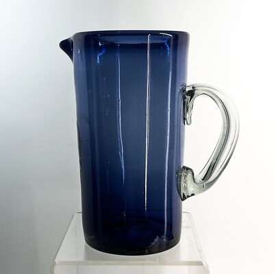 Hand Blown Glass skull Pitcher cobolt blue Etched 9.25''T 5''D Eclectic
