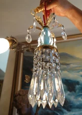 Vintage Blue aqua Brass hanging lamp chandelier crystal glass prisms 35" cord