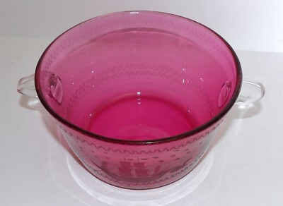 STUNNING VINTAGE CRANBERRY BLOWN GLASS ETCHED BOAT HANDLED BOWL/ICE BUCKET