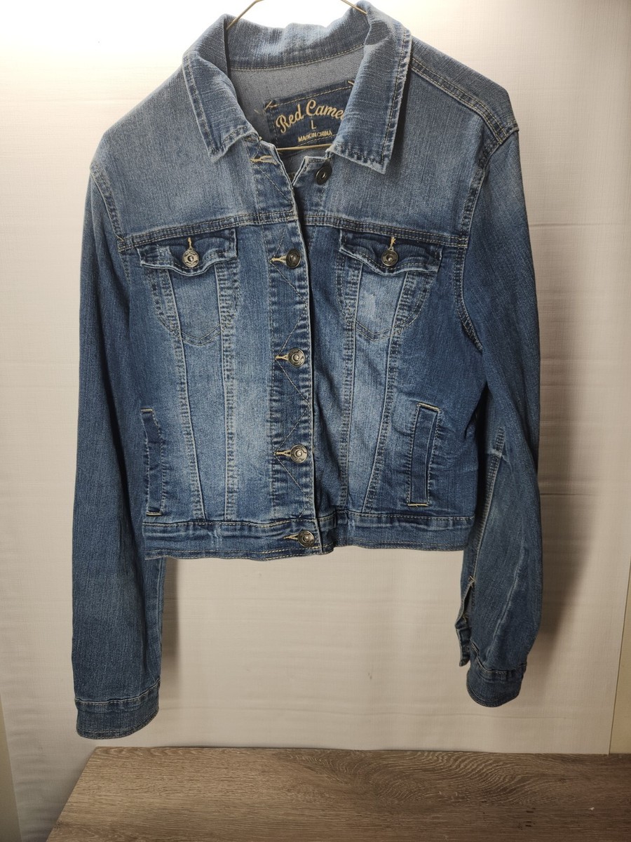 Red Camel Crop Denim Trucker Jacket Womens Large Blue Jean Ladies Long  Sleeve - Main Image