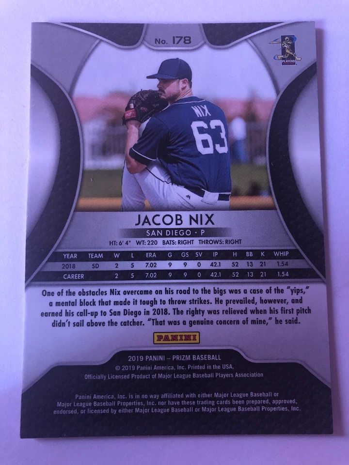 2019 Prizm Baseball Base #178 Jacob Nix - San Diego Padres - Image 2 of 2