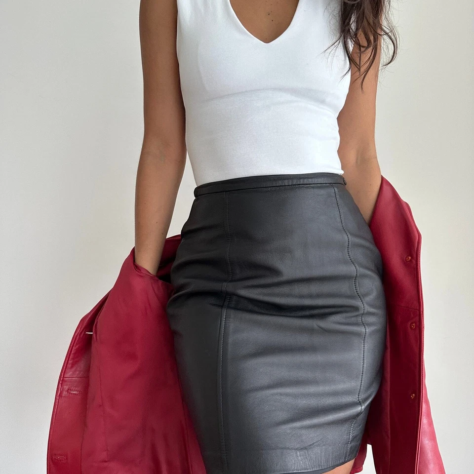 Falda de cuero vintage 26"" cintura tiro alto lápiz Y2K 2000 I.N.C Cyber Retro Foto 4 de 4