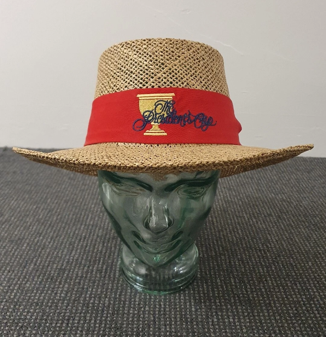 🔶️VINTAGE PRESIDENTS CUP STRAW GREG NORMAN STYLE HAT CAP GOLF SUN LIV SHARK