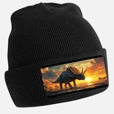 Unisex Cotton Triceratops Print Black Beanie Hat