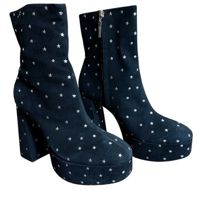 Larroudé Dolly Star-Embellished Black Suede Platform Sock Boots Size 9.5