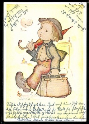 Künstler-AK Hummel: Wanderbub, Junge mit Reisetasche und Schirm 
