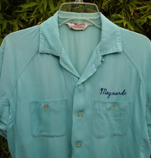 M Vtg 1950s Rayon Gabardine Shirt Embroider Maynard Rockabilly Loop Collar Gab
