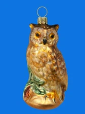 BROWN FOREST OWL GERMAN BLOWN GLASS CHRISTMAS TREE ORNAMNET BRAUN EULE