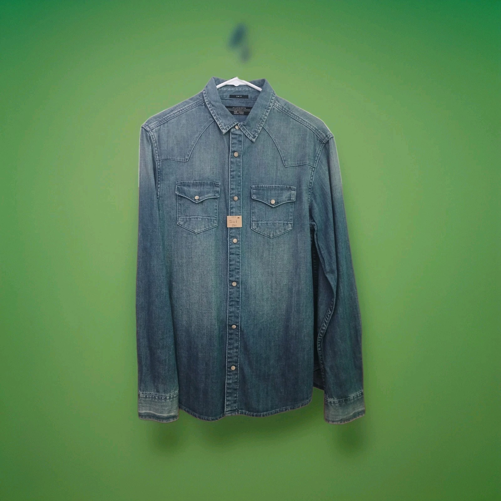 Allsaints Denim Men’s Shirt Blue Size Small Snap Buttons Sold out Make an offer! image 5