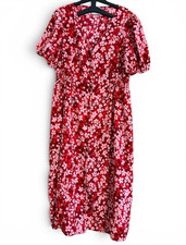 Wallis Petites Red/Pink Floral V-Neck Puff Sleeve Button front A-Line Midi UK 12