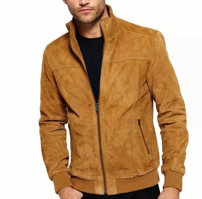 Men's Tan 100% Real Bomber Soft Leather Jacket Brown Biker Suede Stylish Coat