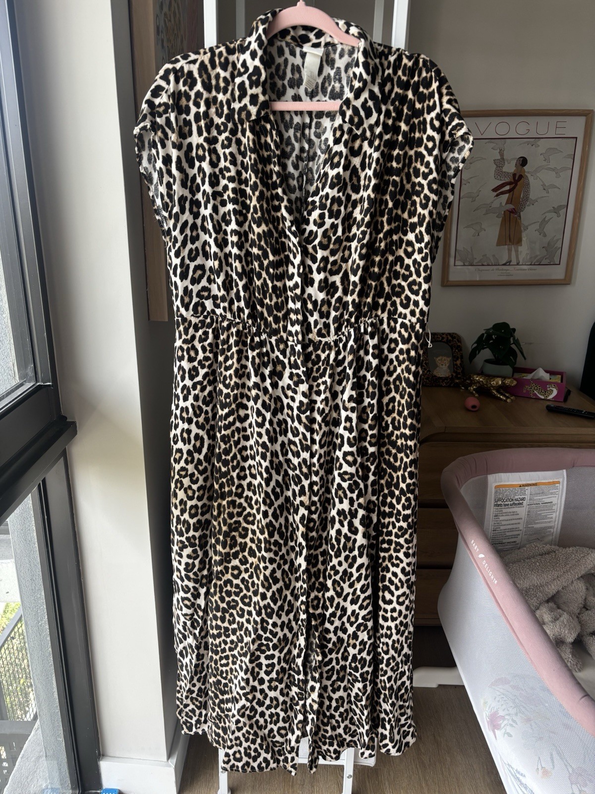 H&M Leopard Print Collared Dress Short Sleeve Beige Black Midi Women’s L