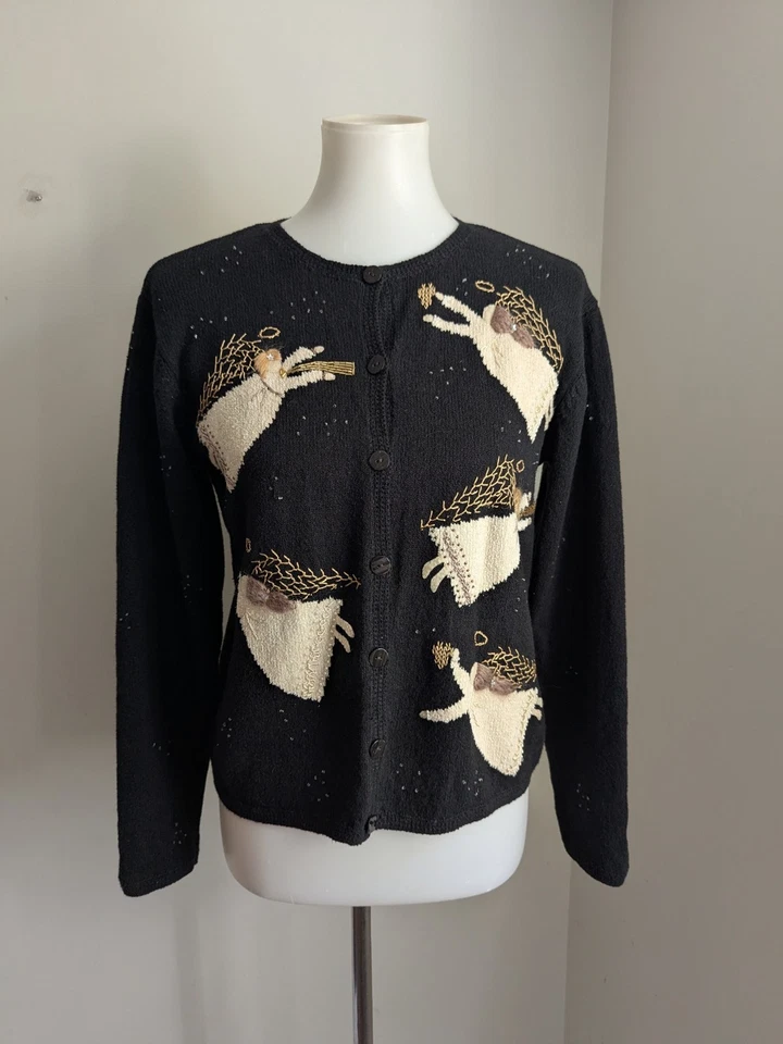 Cárdigan Suéter Vintage Talbots Navidad Vacaciones Ángeles Cuentas Bordado S Foto 2 de 4
