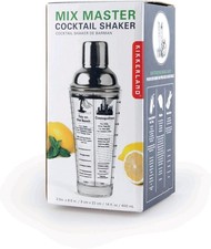 Kikkerland Mix Master Glass Cocktail Shaker Clear/Silver 14oz w/Recipe Markings