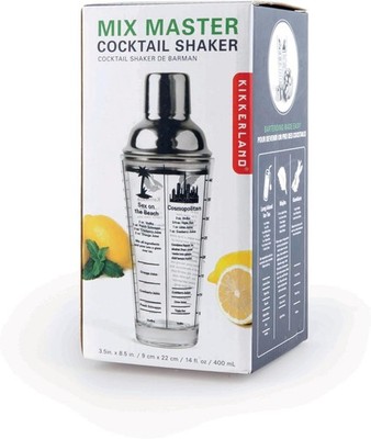 Kikkerland Mix Master Glas Cocktail Shaker Klar/Silber 14oz mit Rezept Markierungen