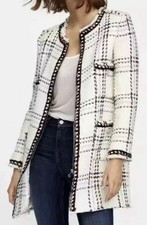 Zara Cream Boucle Coat Jacket Small Wool Blend Zip Front Tweed Texture Plaid