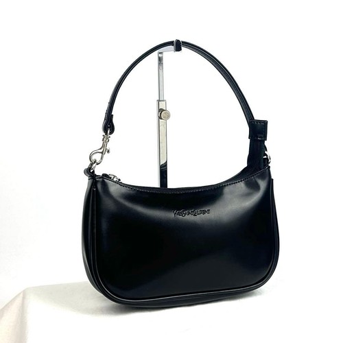 YVES SAINT LAURENT Vintage One Shoulder Handbag Logo Embossed Leather Black