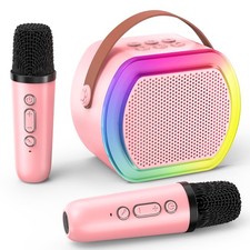 Mini Karaoke Machine with 2 Wireless Microphones, Kids Portable Pink