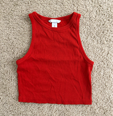 H&M Women s Orange Ribbed Cropped Tank Top Round Neck Sleeveless Size S