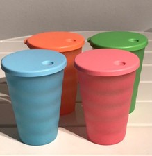New Tupperware Impressions Tumblers / Cups (4) 16 oz Dripless Seals Fruit Colors