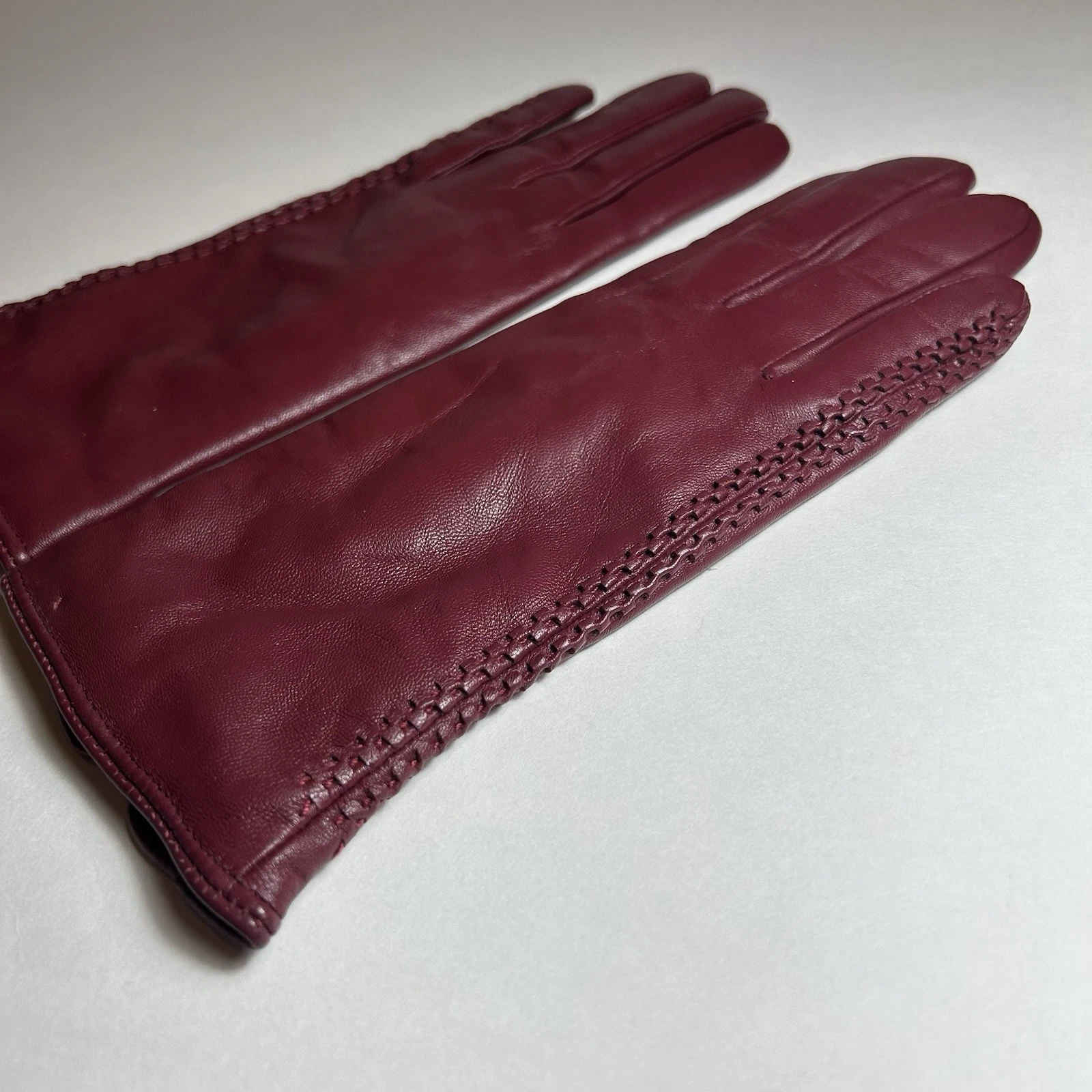 QNLYCZY Burgundy Sheepskin Leather Gloves Cashmere Lined Women’s Size S Luxury