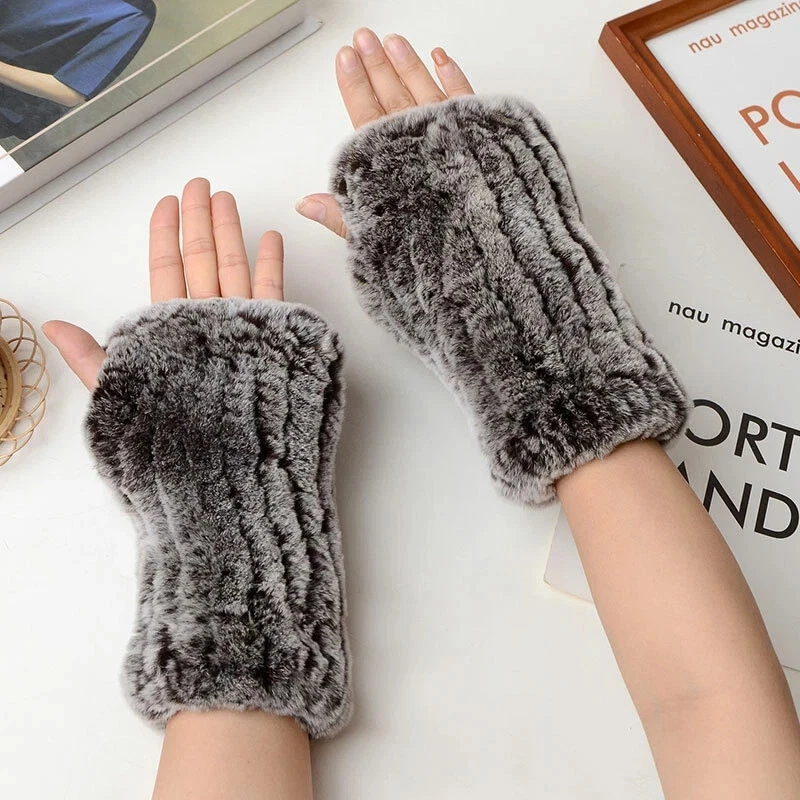 Genuine Rabbit Fur Fingerless Knitted Gloves Hand Warmers Winter Wrist Sleeves - Image 3 of 4