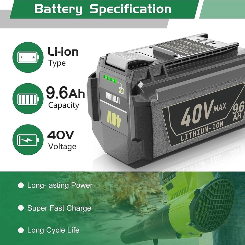 Batería de iones de litio de alta capacidad 9,6 Ah para Ryobi 40V OP4080A OP4050 OP40602 nueva Foto 2 de 4