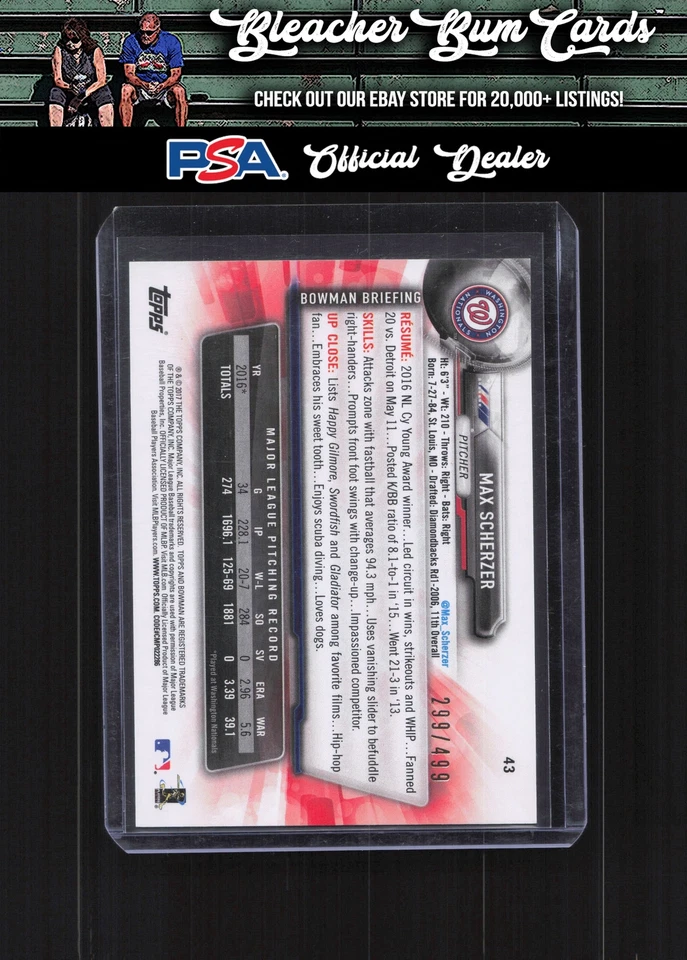 2017 Bowman 43 Max Scherzer Silver #/499 - Image 2 of 2
