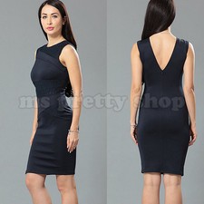 Dark Navy Plunge Back Sleeveless Sheath Asymmetric Party Evening Cocktail Dress