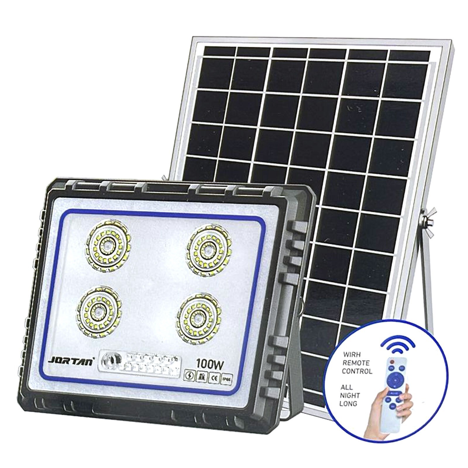 FARO SOLARE 100W CON PANNELLO ENERGIA ESTERNO FARETTO CREPUSCOLARE TELECOMANDO