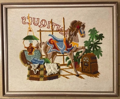 Vtg Needlepoint Sunset Design Antique Shop 22” x 17.5” Rocking Horse Framed
