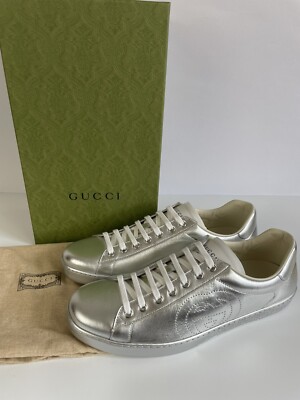 NEW Men's Gucci ACE Metallic Silver Leather Low-Top Sneakers Size