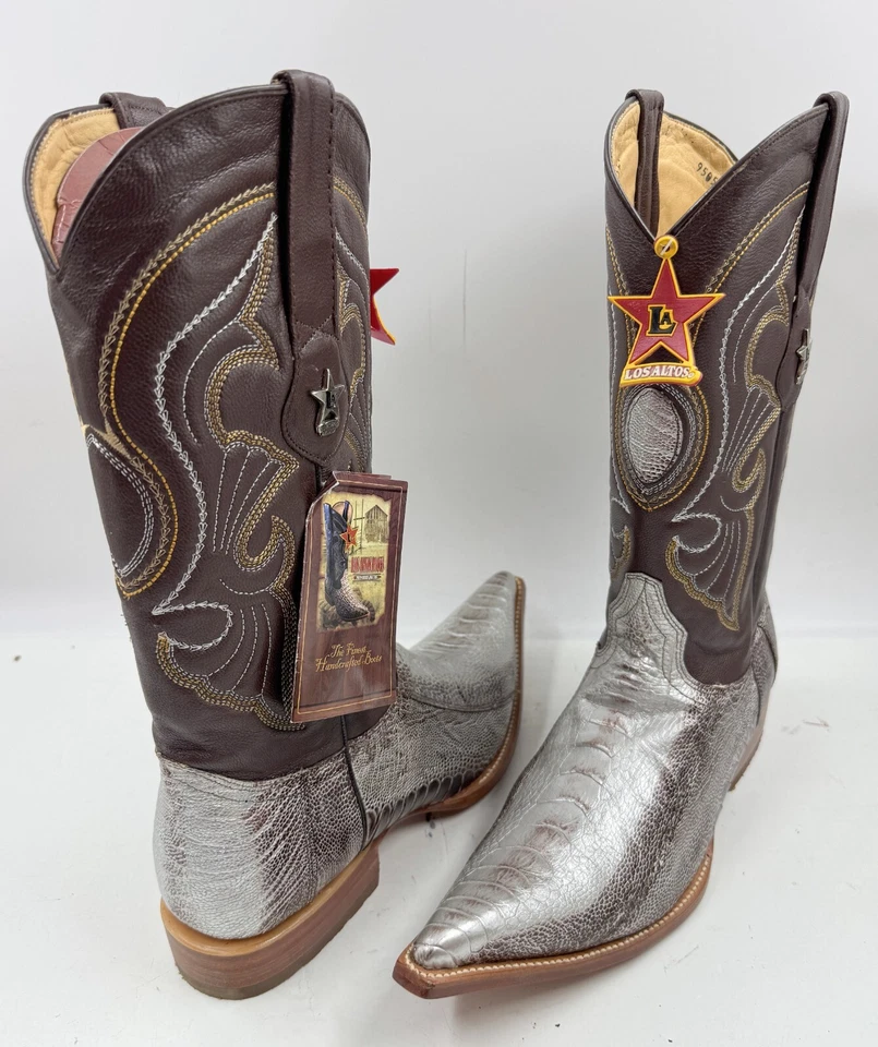 Botas Los Altos Para Hombre Talla 9 Plateadas Cuero Marrón Avestruz Punta Corta Bota Occidental Foto 3 de 4