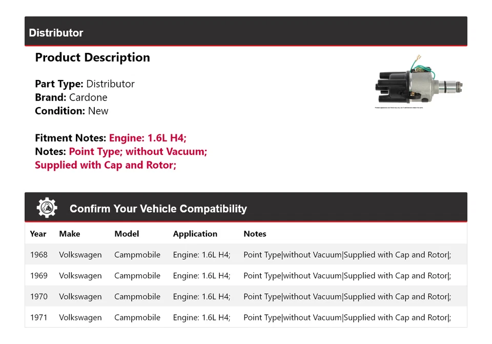 For 1968-1971 Volkswagen Campmobile 1.6L H4 Distributor Cardone 1969 1970 - Image 2 of 4
