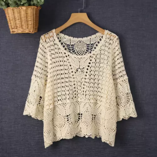 Fashion New Women Hollow Crochet Crop Top Bolero Shrug Cape Shirt Beach Summer - Picture 3 of 28