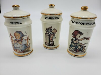 3 1987 Vintage MJ Hummel Porcelain Spice Jars AG Cham Switzerland Thyme Rosemary