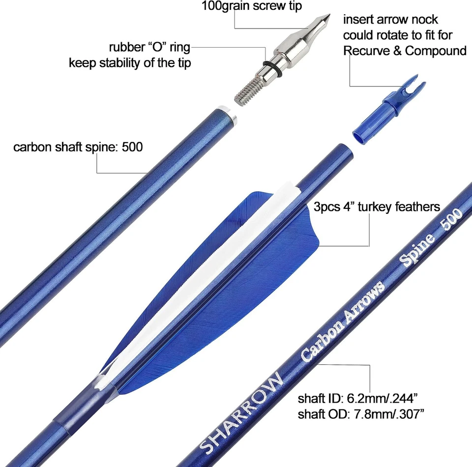 30" Carbon Arrows Archery 4" Turkey Feather SP500 Arrowhead Bow Shooting Hunting - Image 3 of 4