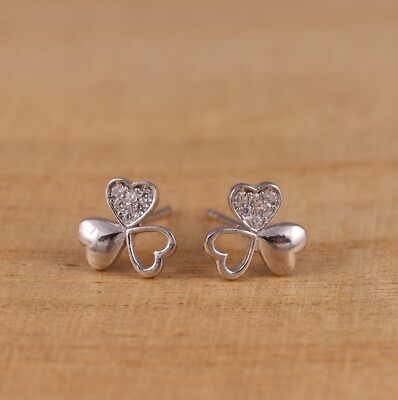 925 Sterlingsilber 3 Blatt Glücksklee CZ Blume Ohrstecker Geschenkverpackung