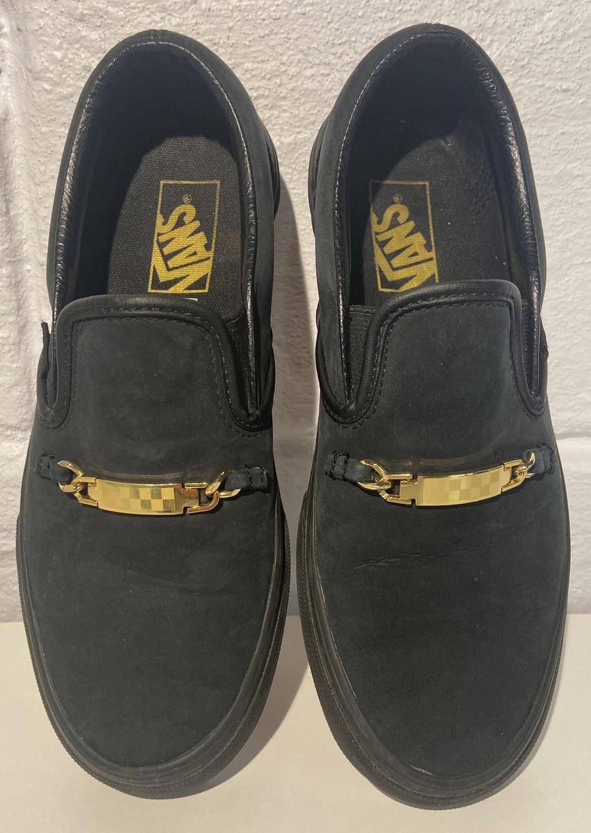 VANS Classic Slip On Men 5.5 Women 7 Black Leather Gold Chain 